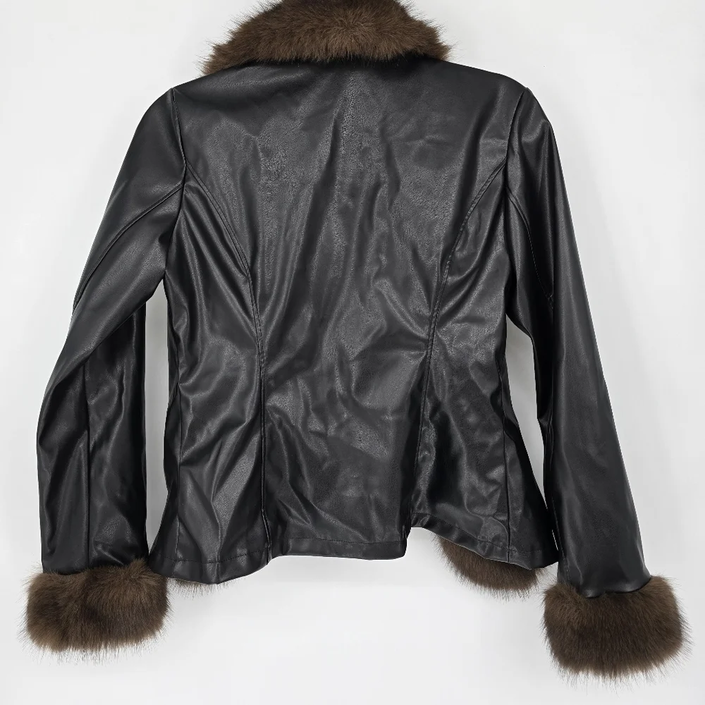 Chic Mood Brown Fur Cardigan faux leather jacket black brown small - Picture 3 of 9